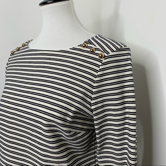Talbots | Black & Cream with Gold Stripe Top with Ruffle Sleeve and Gold Buttons